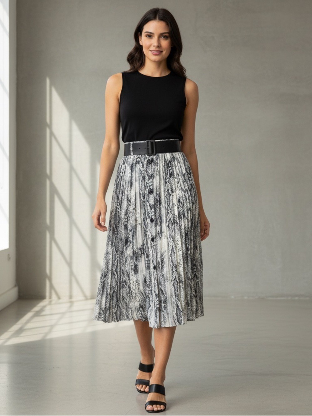 ZARA BASIC Snake Print Pleated Midi Skirt XL Grey Python Button Front with Belt